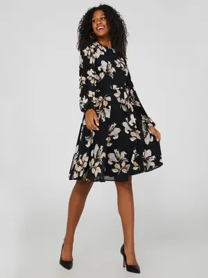 Floral Print Fit & Flare Dress With Pleated Long Sleeves, Black /