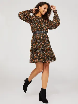 Floral Print Belted Mini Dress With Ruffle Skirt, Black /