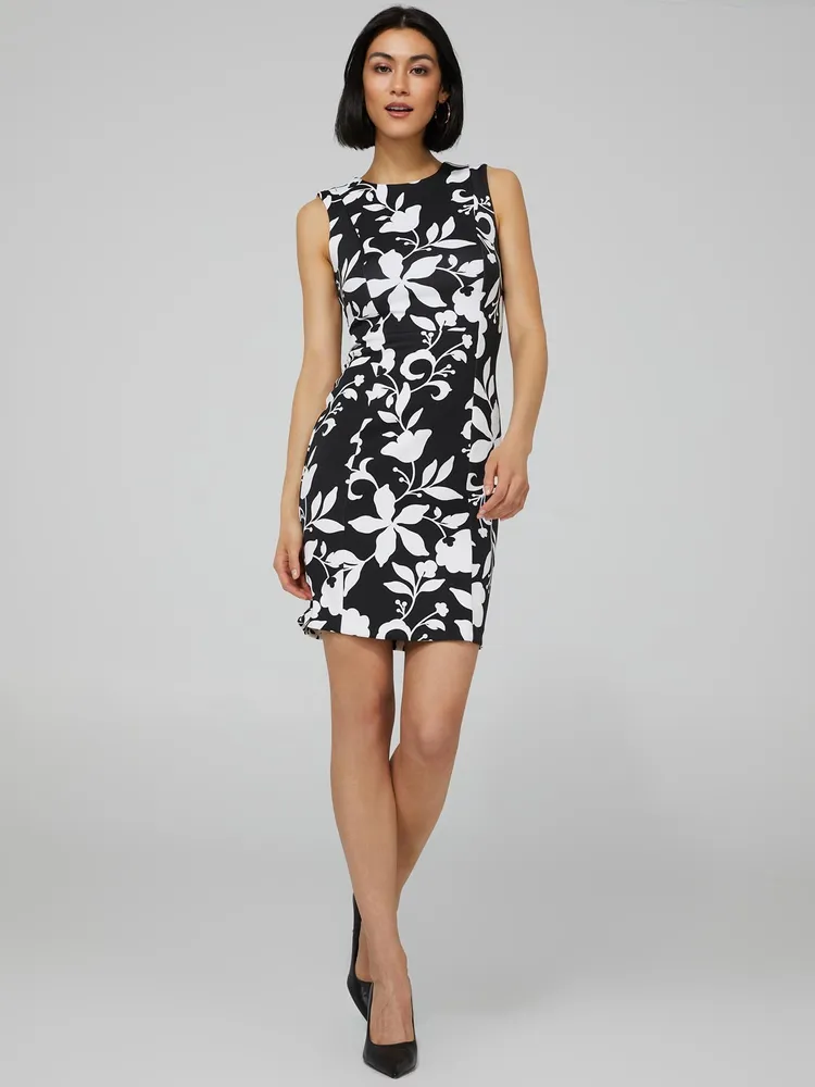 Floral Print Sleeveless Scuba Dress, Black /