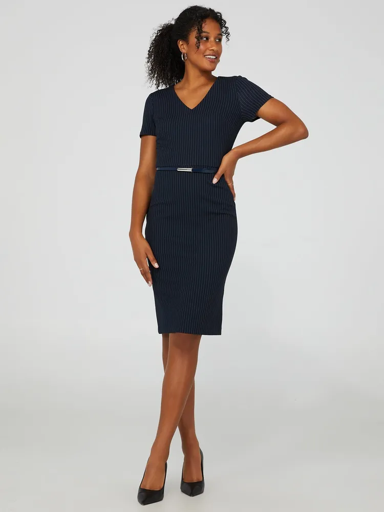 Pinstripe V-Neck Sheath Dress With Back Slit, Stellar /