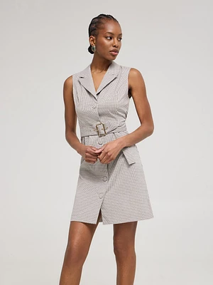 Sleeveless Plaid Blazer Dress With Belt
