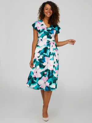 Floral Print V-Neck Midi Dress With Pockets, Pearl /