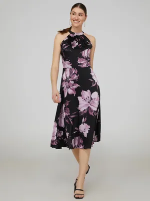 Floral Print Satin Halter Midi Dress, Black /