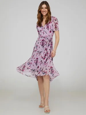 Floral Print Cross-Front High-Low Midi Dress, Mauve /