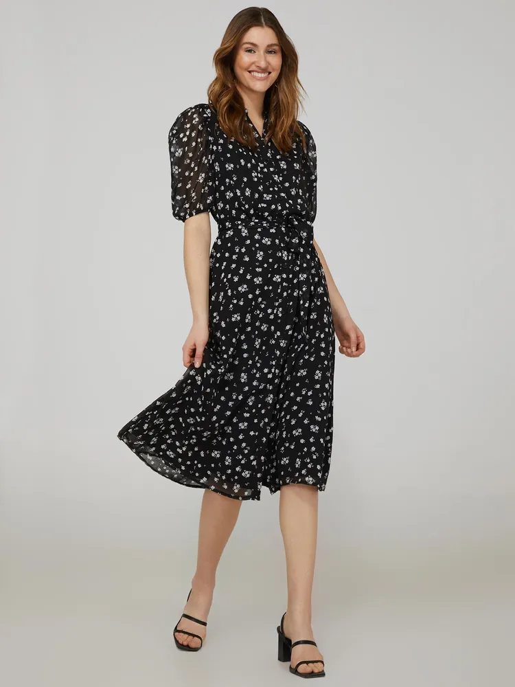 Printed Split Neck Dress With Balloon Sleeve, Black /