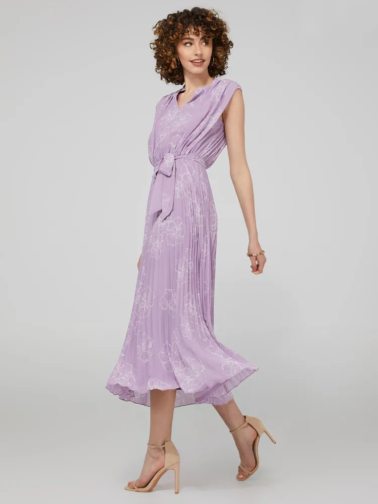 Printed Chiffon Split Neck Dress With Pleated Skirt, Mauve /