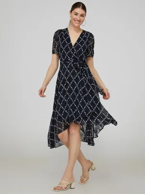 Printed Cross-Front High-Low Midi Dress, Stellar /