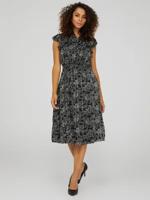 Paisley Print Smocked Midi Dress With Flutter Shoulder, Black /