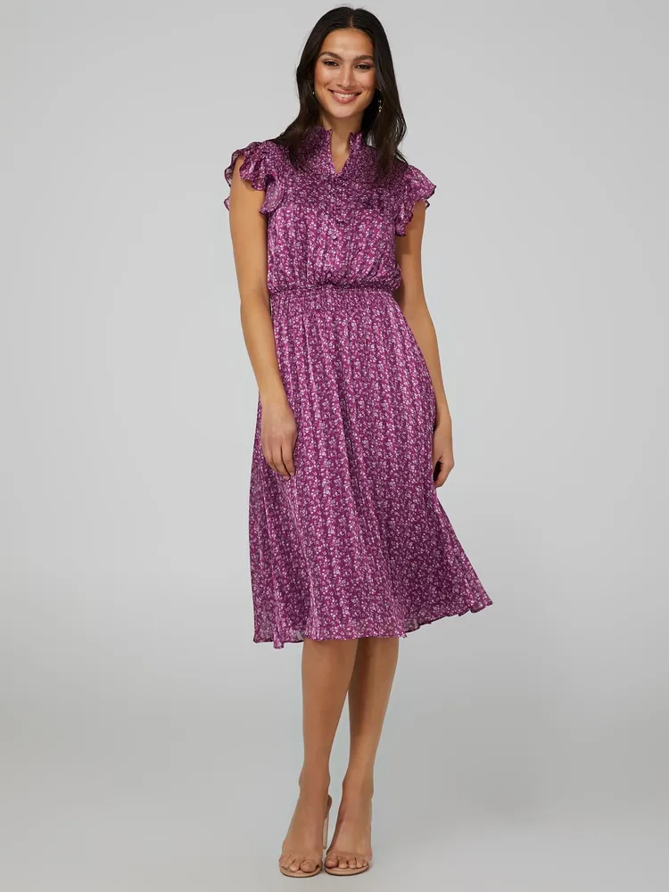 Printed Smocked Midi Dress With Flutter Shoulder, Mauve /