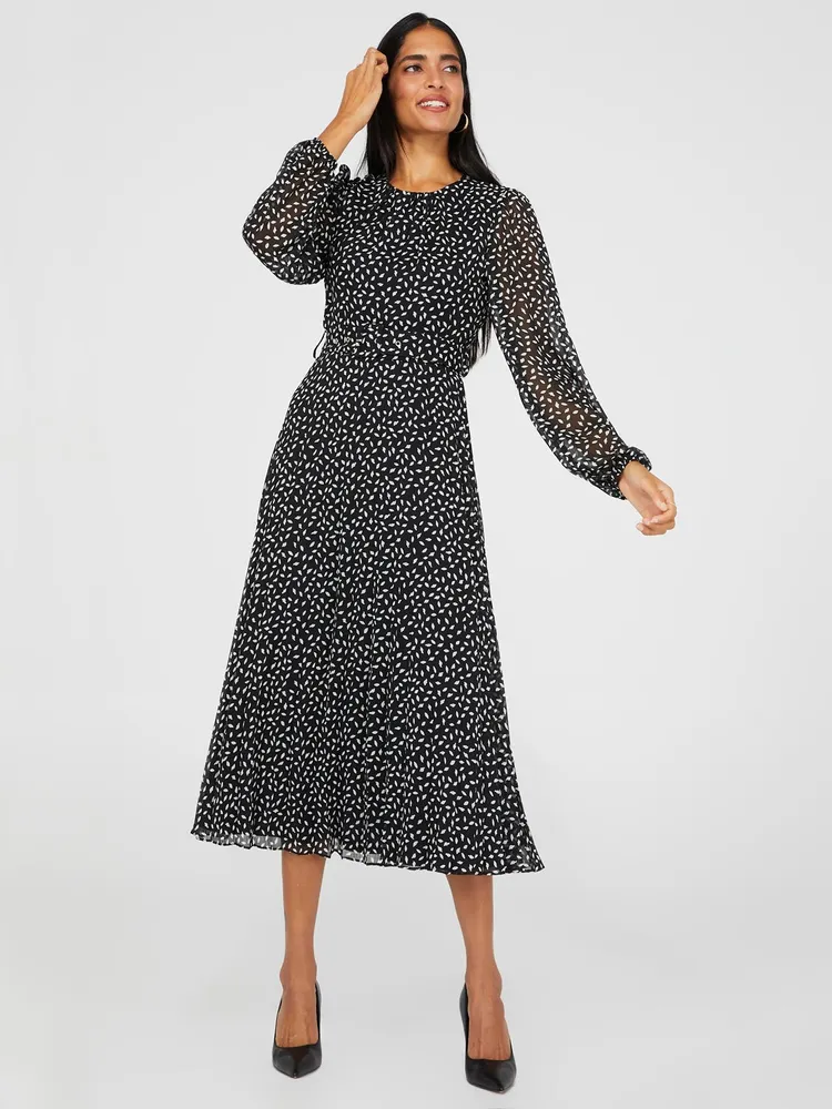 Printed Round Neck Midi Dress With Pleated Skirt, Black /