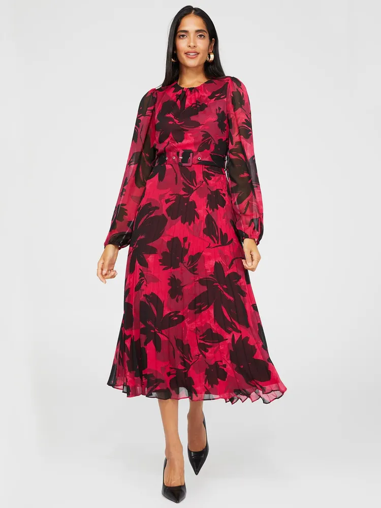 Floral Print Round Neck Midi Dress With Pleated Skirt, Raspberry /