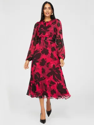 Floral Print Round Neck Midi Dress With Pleated Skirt, Raspberry /
