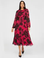 Floral Print Round Neck Midi Dress With Pleated Skirt, Raspberry /