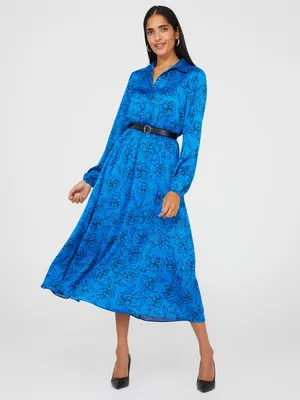 Printed Button-Front Midi Dress With Belt, Victoria Blue /