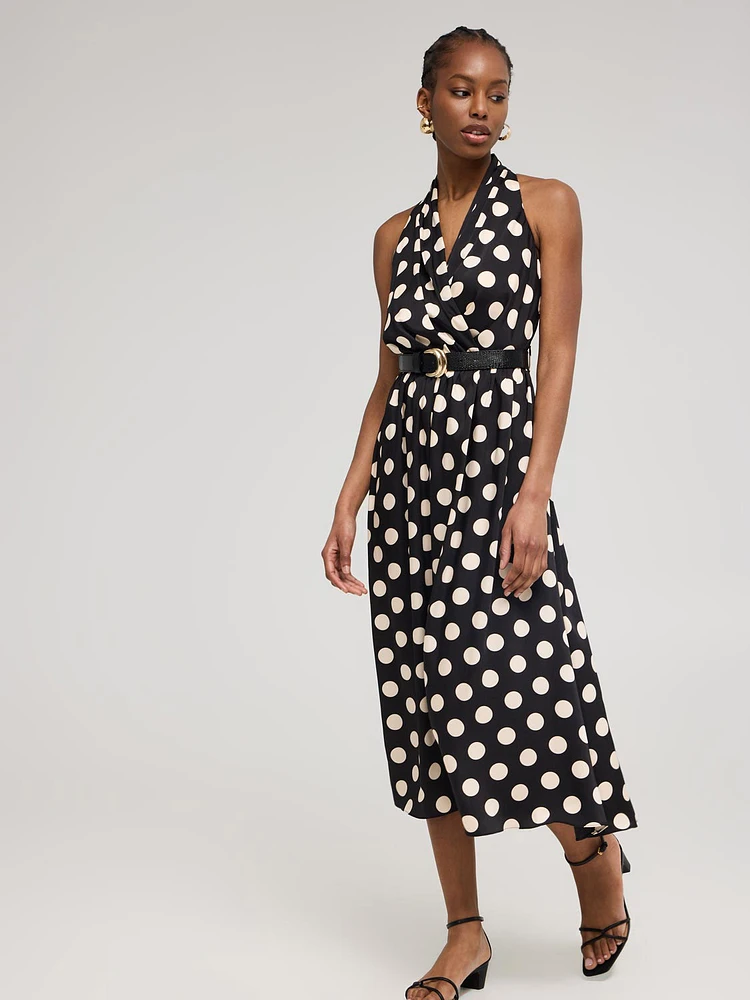 Satin Dot Print Halter A-Line Dress