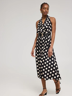 Satin Dot Print Halter A-Line Dress