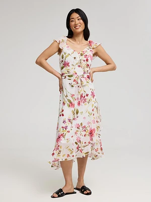 Robe portefeuille en mousseline à volants et fleurs