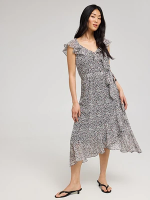 Ditsy Floral Ruffle Wrap Front Chiffon Dress