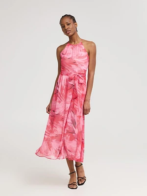 Feather Print Halter Chiffon Dress