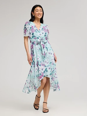 Floral Print Cross-Front High-Low Midi Dress