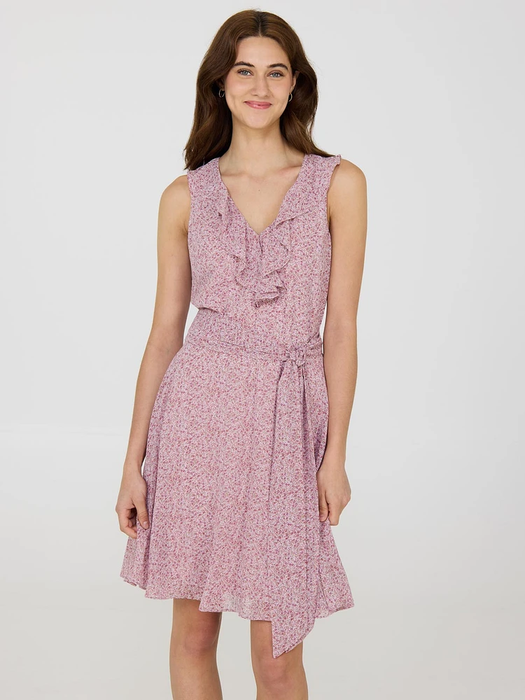 Mini-robe en mousseline à volants, col V et petites fleurs