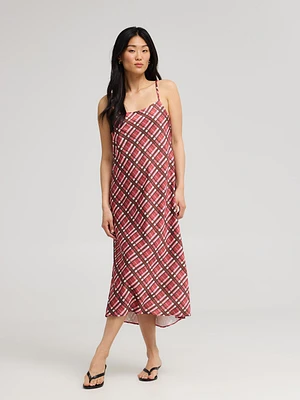 Robe mi-longue en satin à carreaux