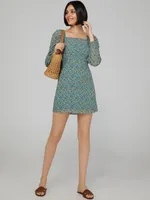 Printed Square Neck Mini Dress With Back Cut-Out, Lt Denim Blue /