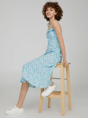 Printed Thick Strap Dress With Ruffle Detail, Provence Blue /