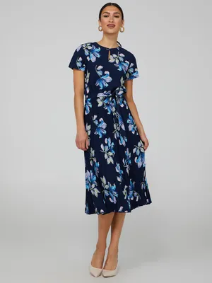 Printed Short Sleeve Midi Dress With Pleated Skirt, Stellar /