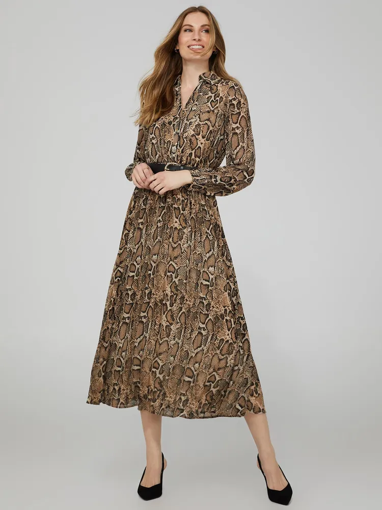 Snakeskin Print Chiffon Dress With Belt, Black /