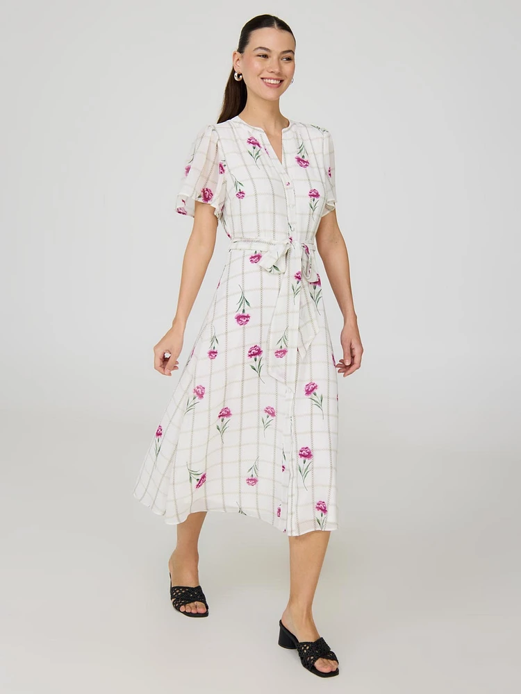 Floral Split Neck Chiffon Midi Dress