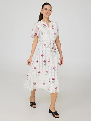 Floral Split Neck Chiffon Midi Dress