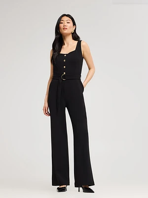 Button-Front Straight-Leg Jumpsuit