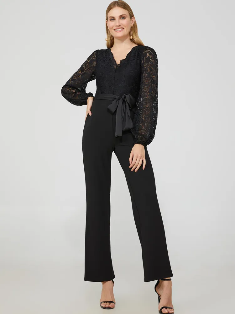 Lace V-Neck Top Jumpsuit, Black /