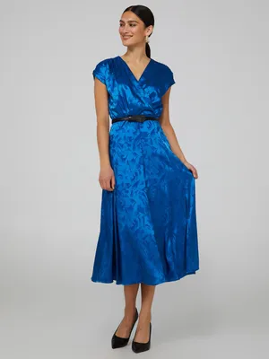Satin Jacquard Crossover Dress With Belt, Victoria Blue /