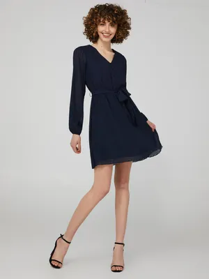 Plisse Long Sleeve V-Neck Fit & Flare Mini Dress, Stellar /