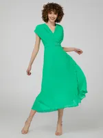 Pleated Crossover Dolman Sleeve Maxi Dress With Belt, Green /