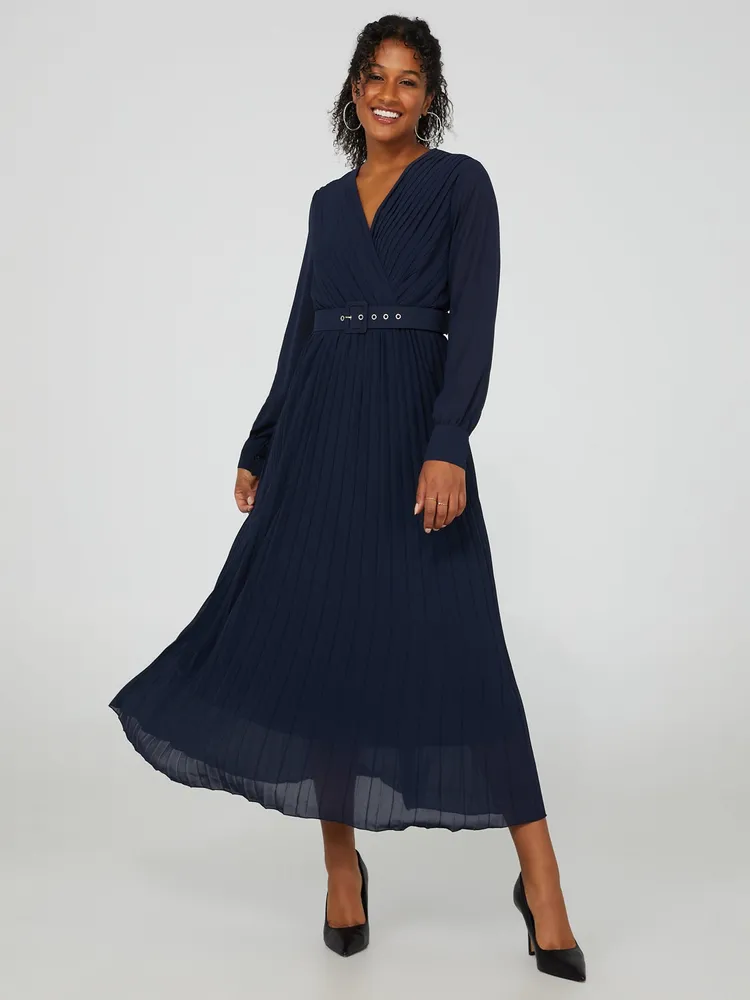 Crossover Pleated Midi Dress With Square Buckle Belt, Stellar /