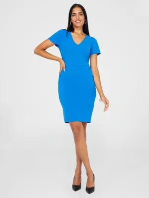 V-Neck Short Sleeve Sheath Dress With Button Details, Victoria Blue /