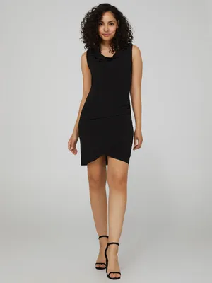 Sleeveless Cowl Neck Dress With Button Detail On Shoulder, Black /