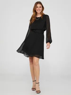 Round Neck Belted Fit & Flare Mini Dress, Black /