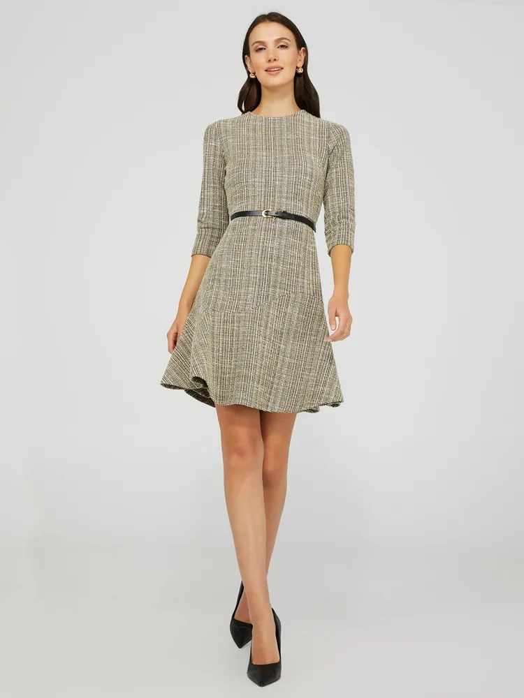 Boucle Jacquard Belted Dress With Ruffle Bottom, The Buff /