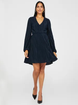 Crossover Plisse Mini Dress With Long Bubble Sleeves, Stellar /