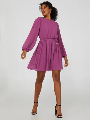 Plisse Chiffon Long Sleeve Mini Dress With Elastic Waist, Mauve /