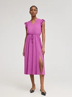 Robe mi-longue en mousseline sans manches à col fendu