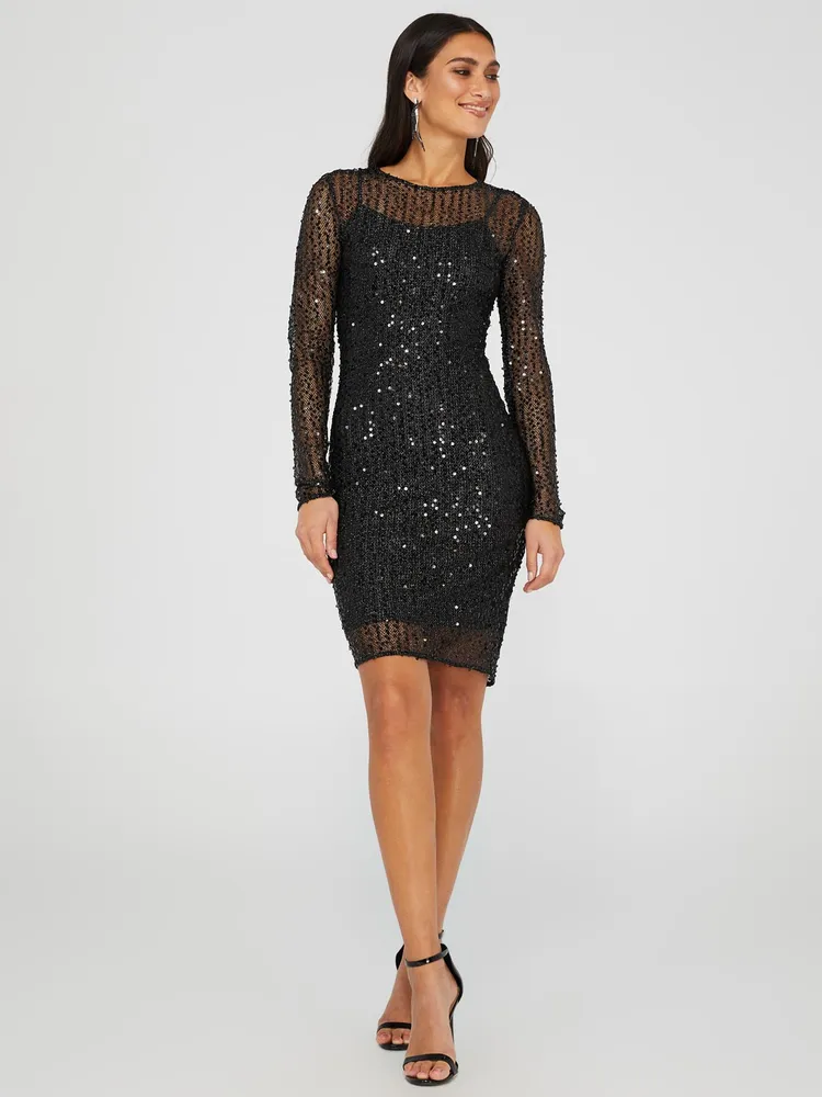 Sequin Mesh Dress With Slip, Black /