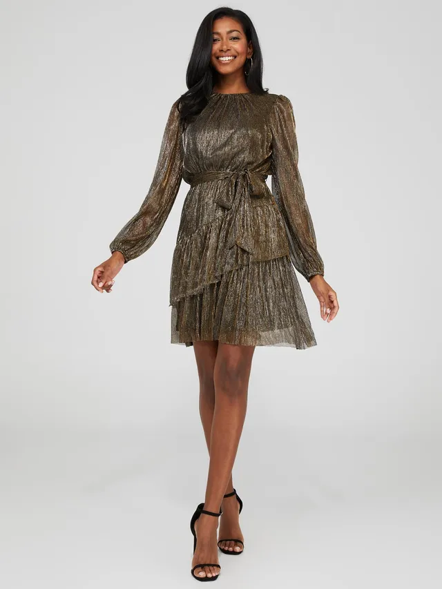 knee length dresses for ladies Gold Metallic Halter Neck Plisse Tiered Mini Dress main image 1