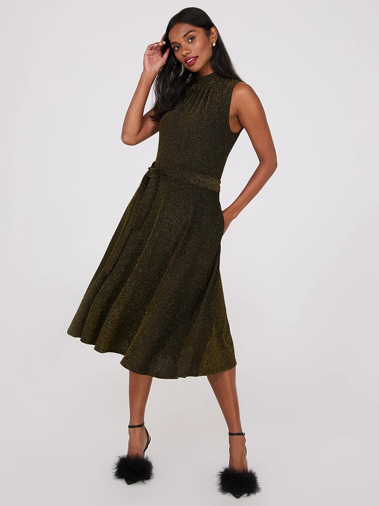 Sleeveless Glitter Mock Neck Midi Dress