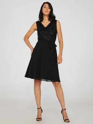 Cowl Neck Sequin Fit & Flare Dress, Black /