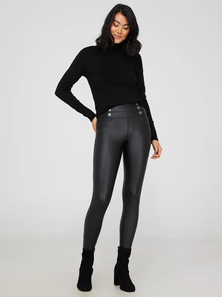 Suzy Shier Faux Leather Wide Waistband Leggings With Button Details, Black  /